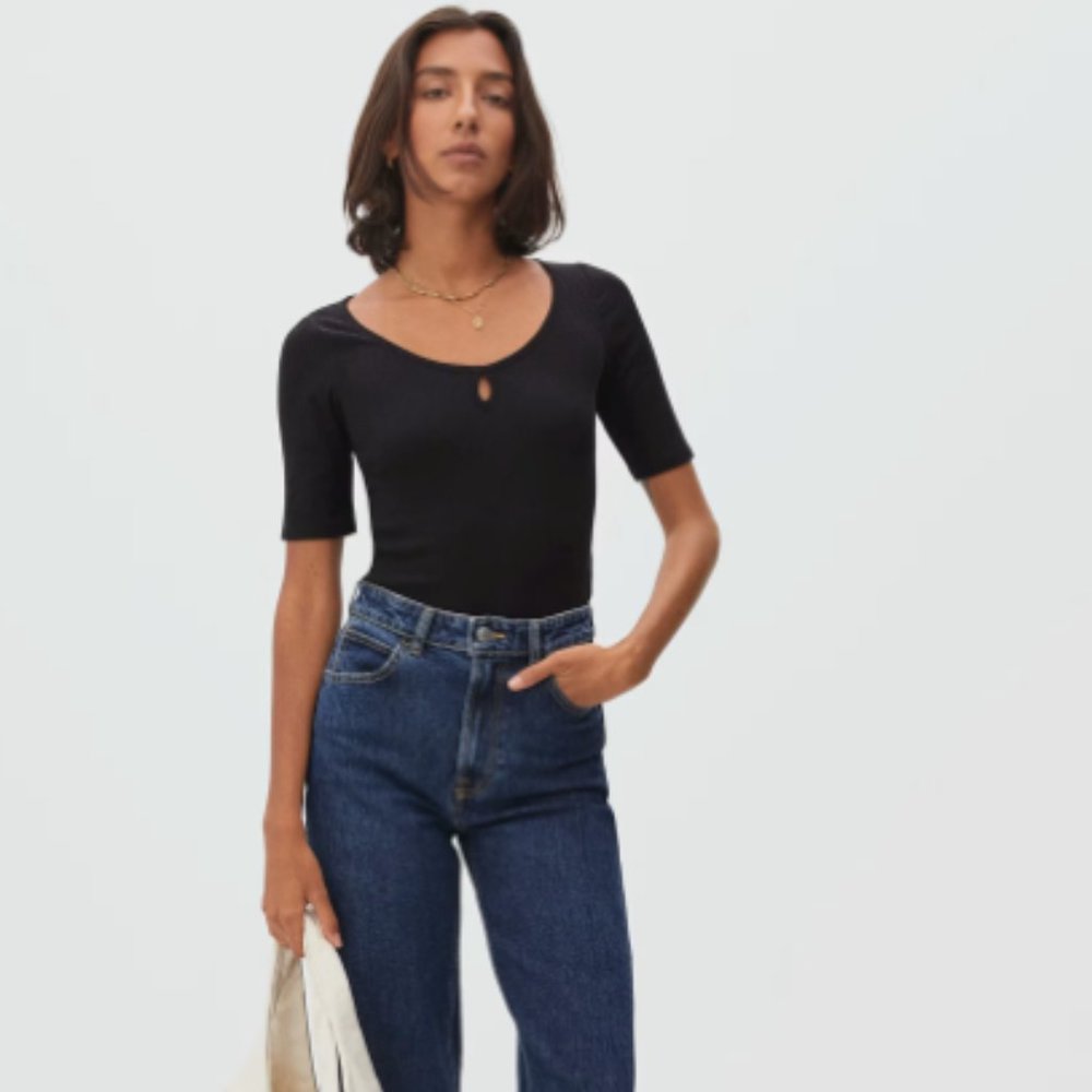 The Stretch-Rib Scoop-Neck Tee, Black - Size XS
